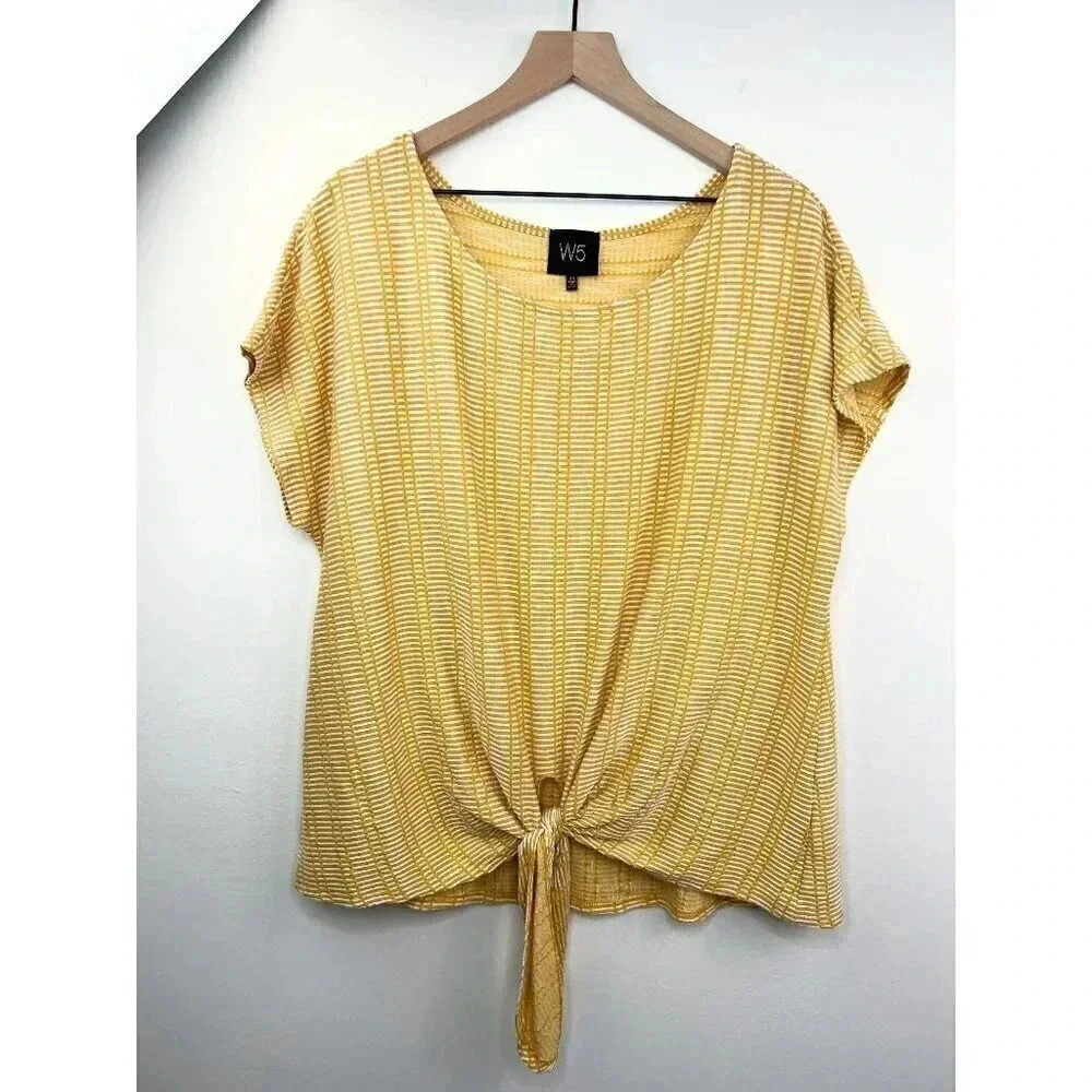 W5 Tie Waist Dolman Sleeve Blouse With Yellow & White Stripes 2X Top
